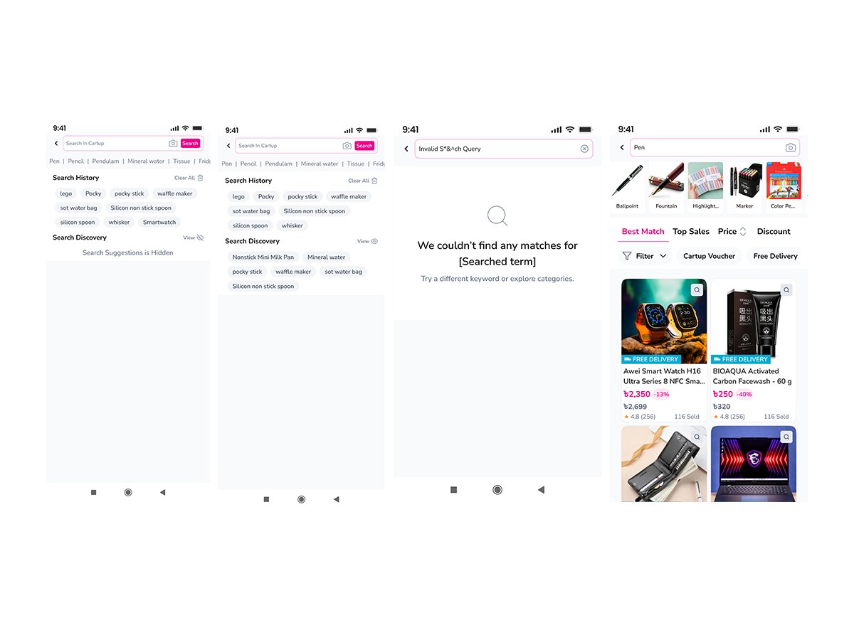 Cartup search history, empty search results and a product results list