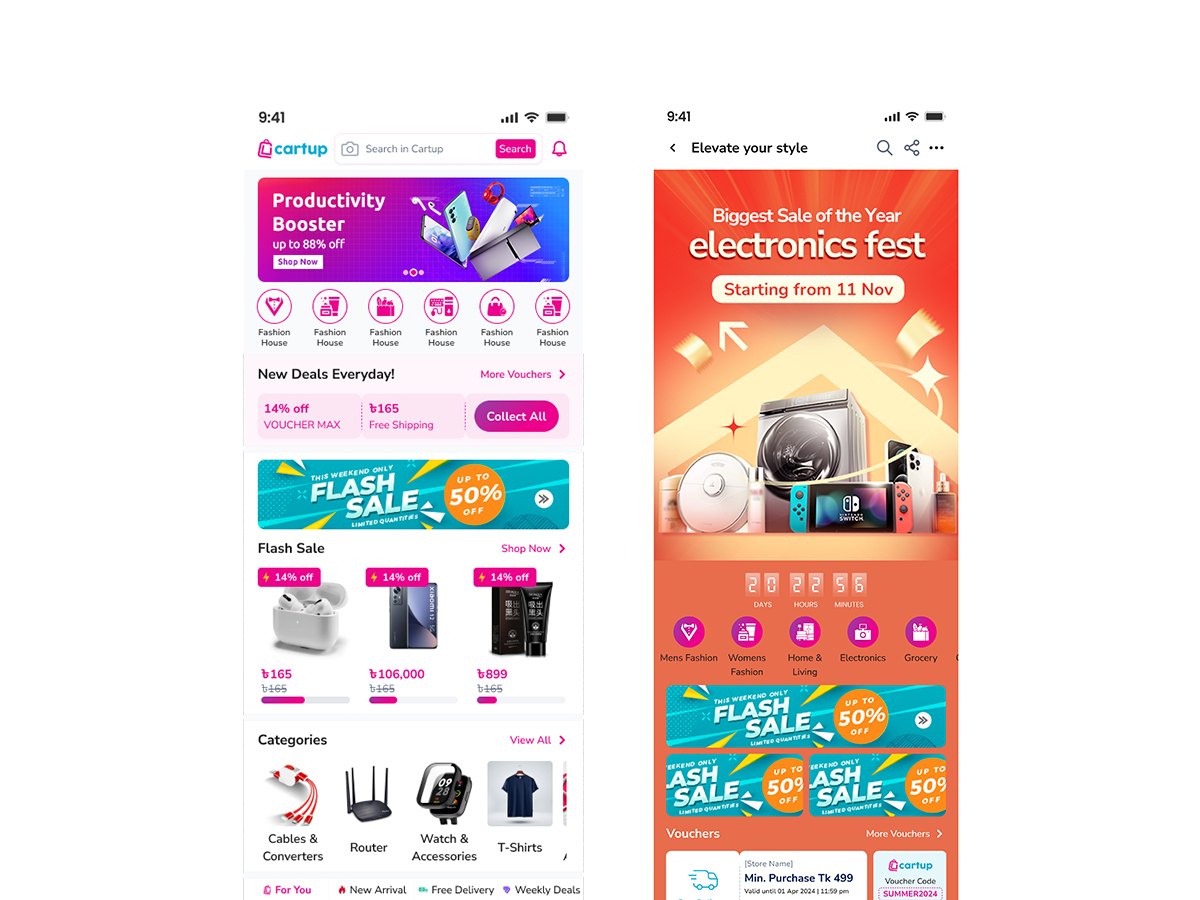 Cartup home screen with banners, vouchers and flash sale, next to an electronics fest campaign page