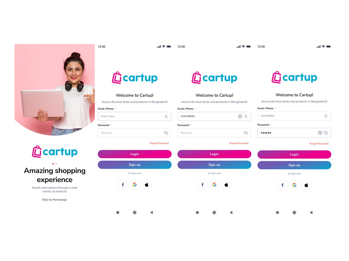 Cartup splash screen and three login screen states