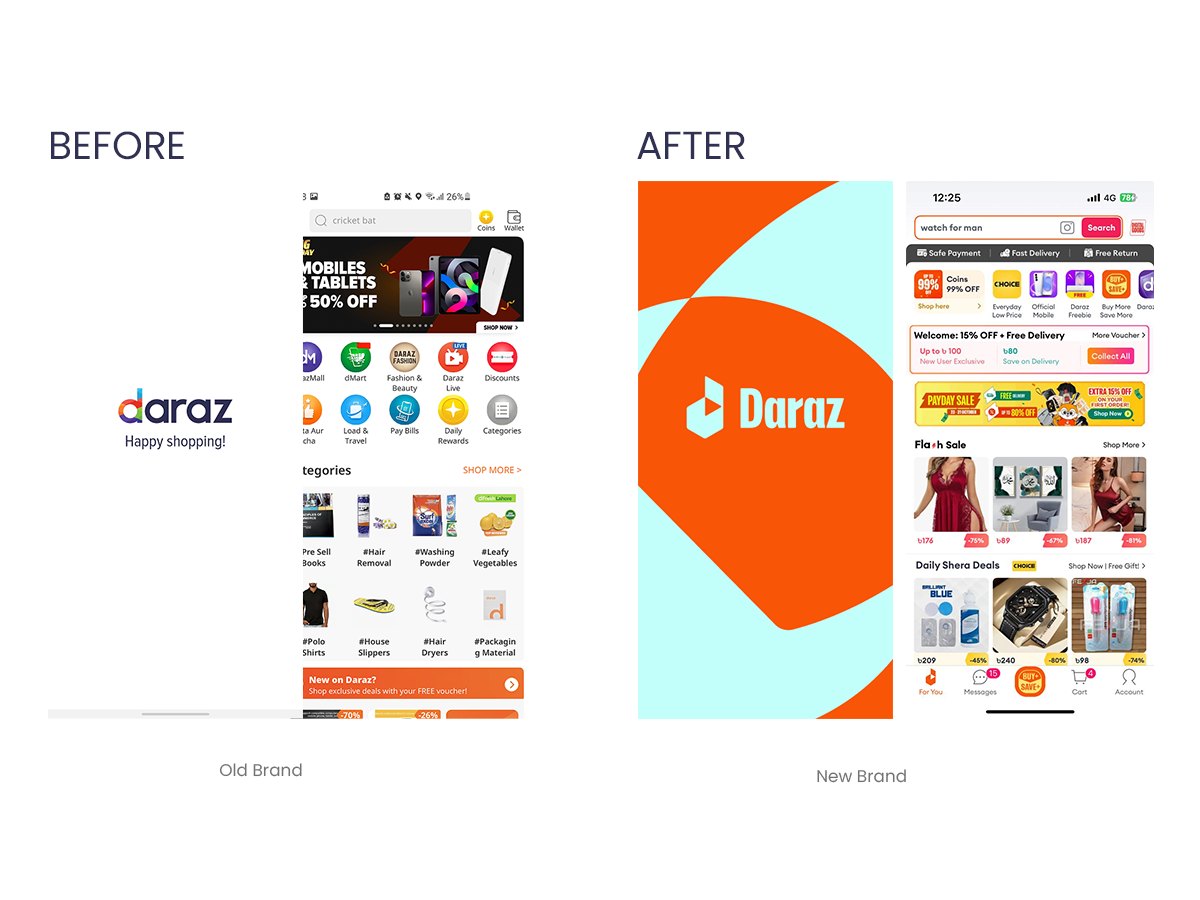 Old and new Daraz app home screens side by side