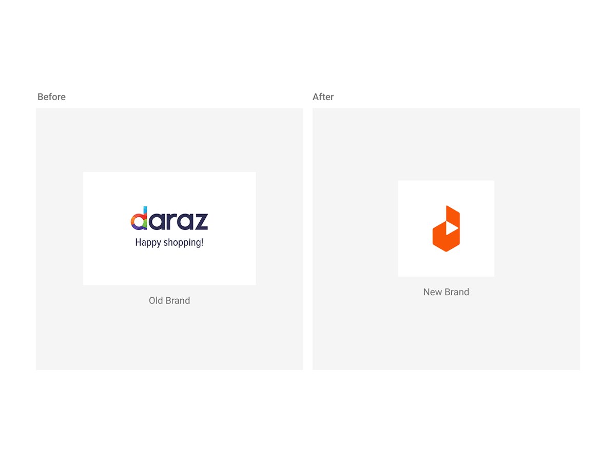 Old Daraz logo with the Happy shopping tagline next to the new orange Daraz mark