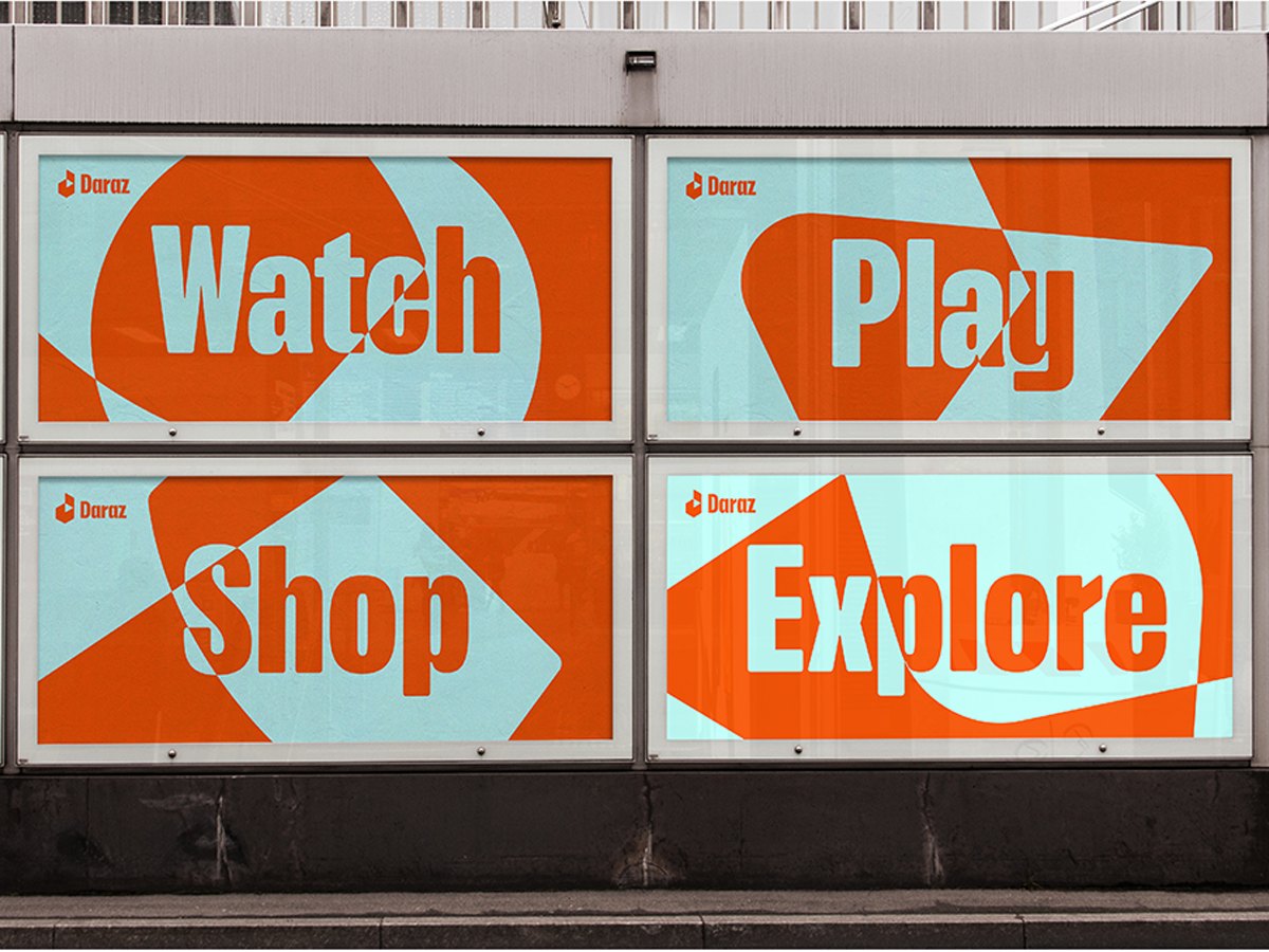 Daraz rebrand campaign posters reading Watch, Play, Shop and Explore on an outdoor site