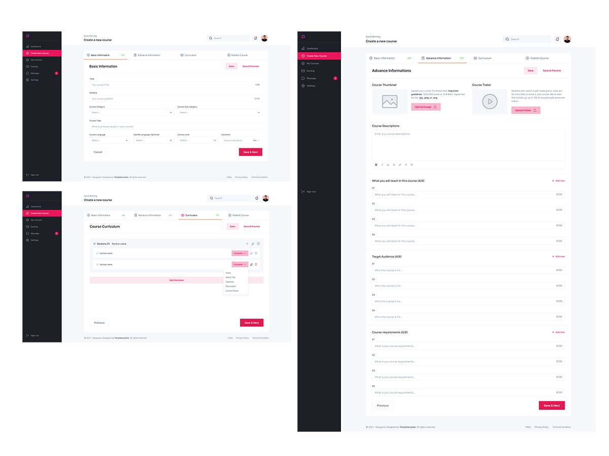 Instructor course-creation screens with basic information, advanced information and curriculum steps
